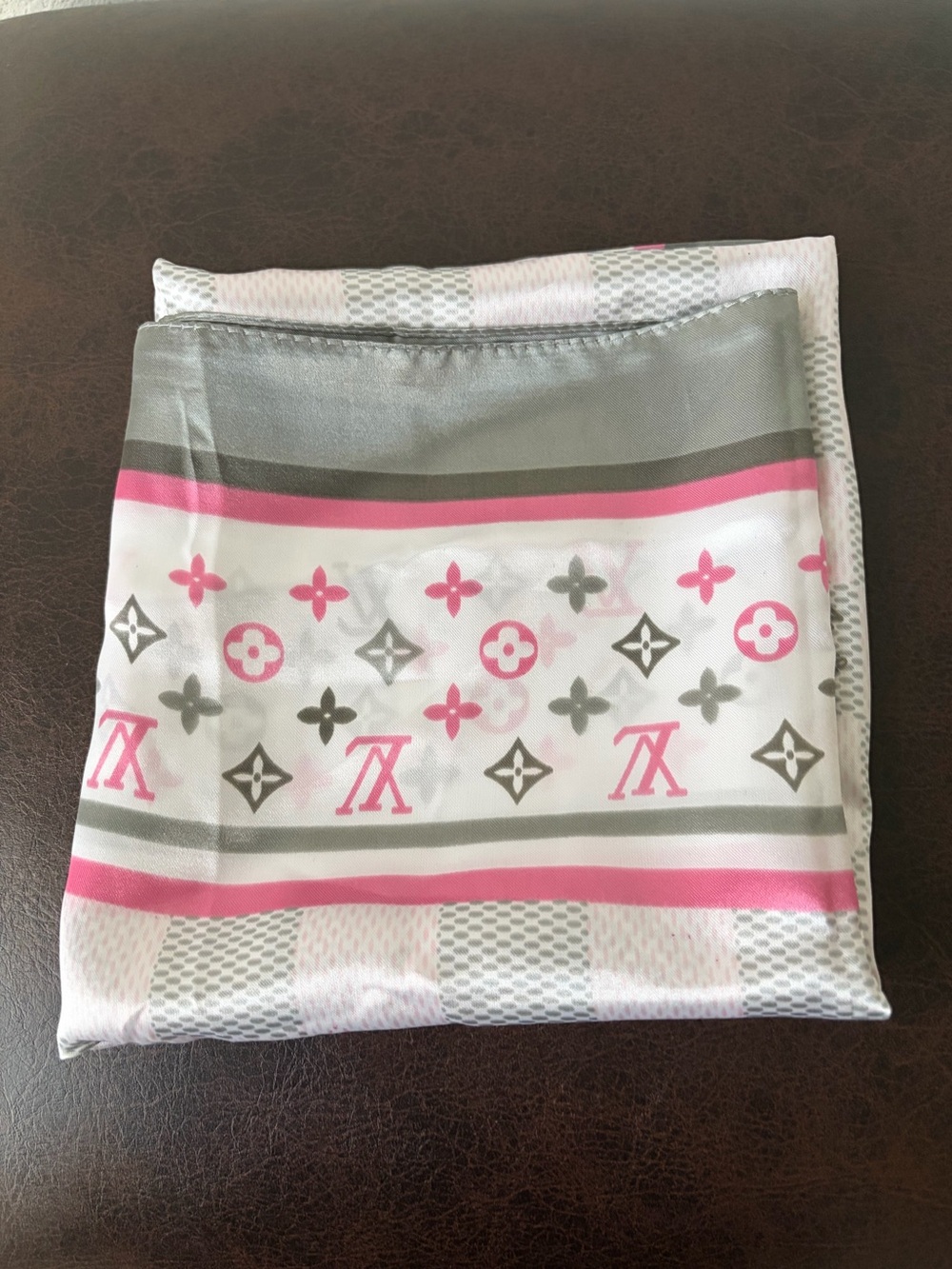 Luxury Pink & Gray Monogram Silk Scarf NWOT